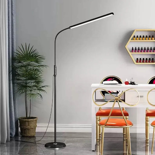 Modern adjustable LED floor lamp with remote control, dimmable brightness, and flexible gooseneck