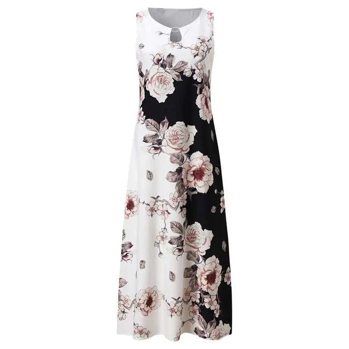 Bohemian Maxi Dress – Sleeveless Floral Print with Loose Swing Silhouette - Samanta Factory