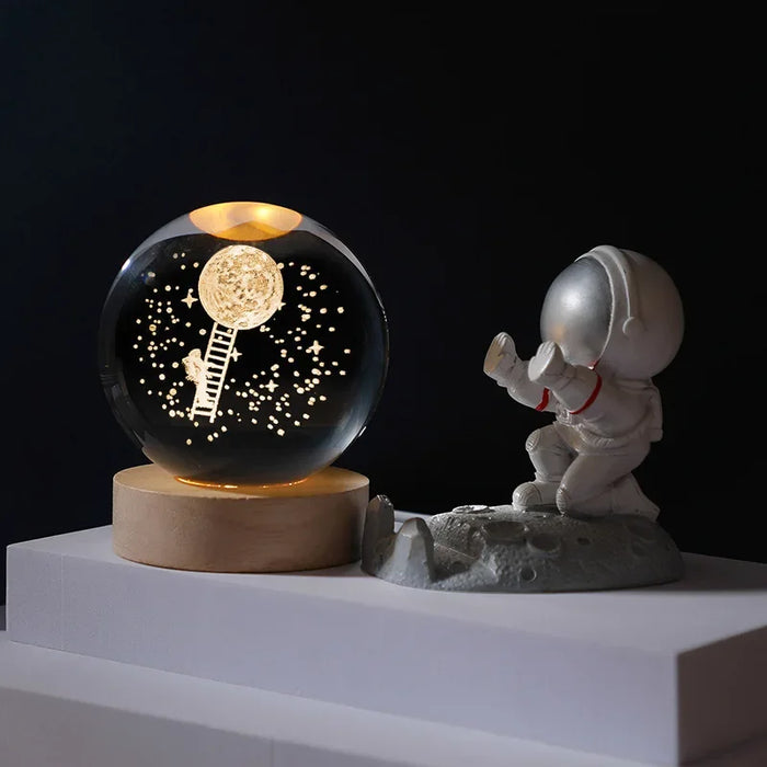 3D Crystal Solar System Night Light – Laser-Engraved Planet Globe with Wooden Base
