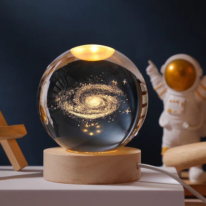 3D Crystal Solar System Night Light – Laser-Engraved Planet Globe with Wooden Base