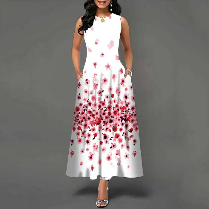 Bohemian Maxi Dress – Sleeveless Floral Print with Loose Swing Silhouette - Samanta Factory