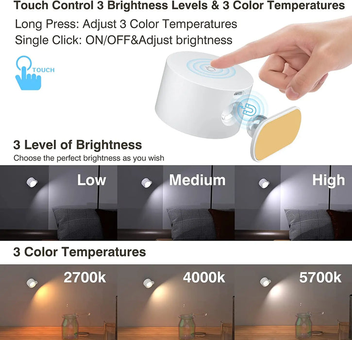 Rechargeable LED Wall Light – Touch Control with 3 Colour Modes & Adjustable 360° Rotation - Samanta Factory