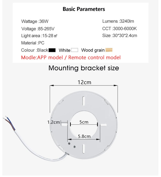 Smart LED Ceiling Light – Wood Grain Design with App & Remote Control