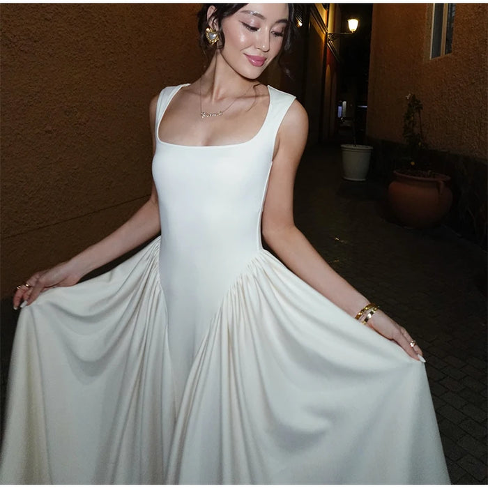 Camisole Dress – Pleated A-Line Elegance with Square Neck - Samanta Factory
