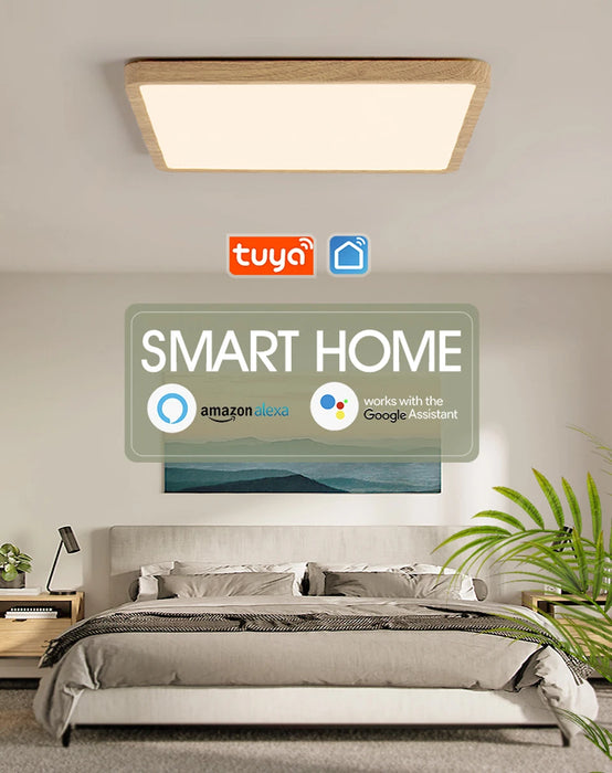 Smart LED Ceiling Light – Wood Grain Design with App & Remote Control