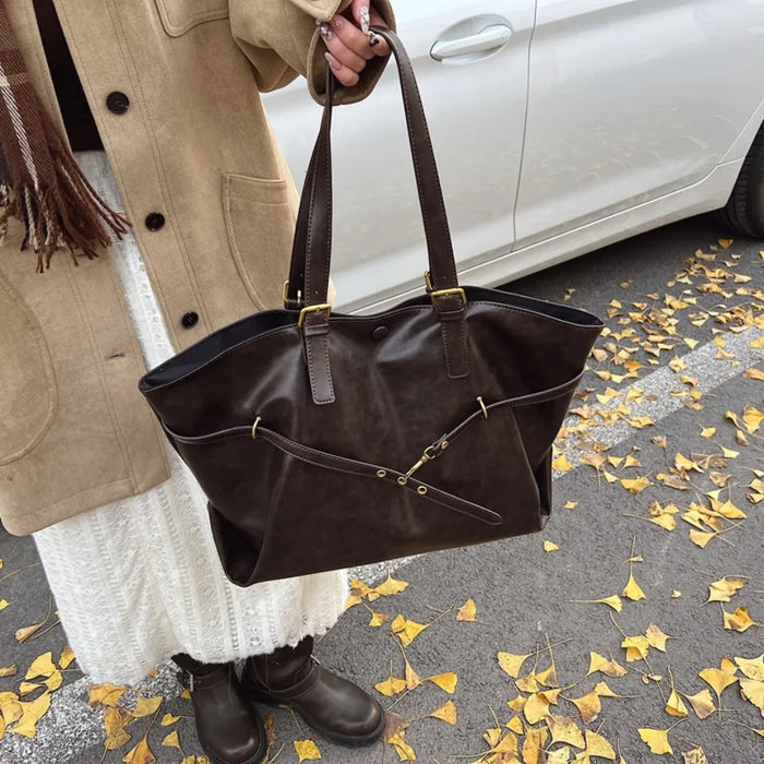 Vintage PU Leather Shoulder Tote – Soft Casual Bag with Lock Closure - Samanta Factory