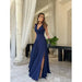 Elegant floor-length women’s dress with V-neck and spaghetti straps in solid color