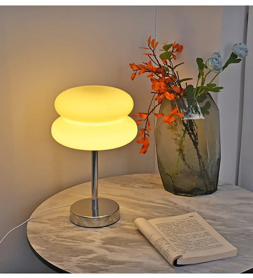 Modern stained glass LED table lamp with silver frame and touch control