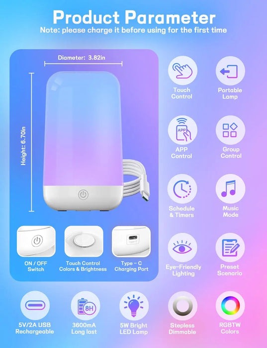 Smart RGB Night Light Lamp – Touch Control with App - Samanta Factory