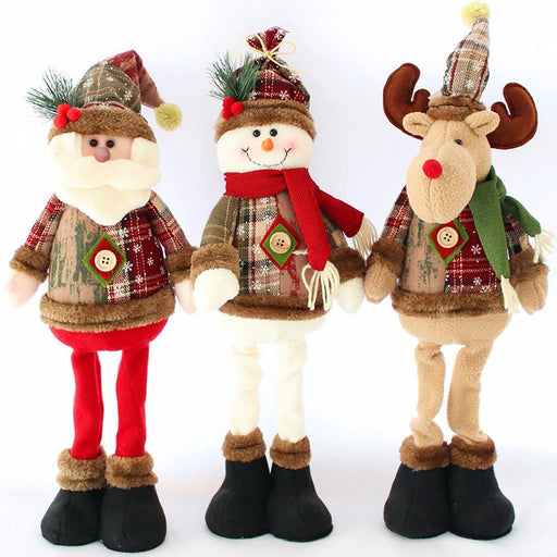 Stretchable Christmas plush ornaments of Santa, Snowman and Moose sitting on fireplace

