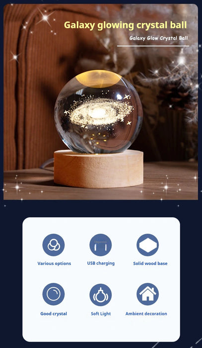 Glowing Crystal Ball Night Light – 3D Solar System LED Lamp with Wooden Base