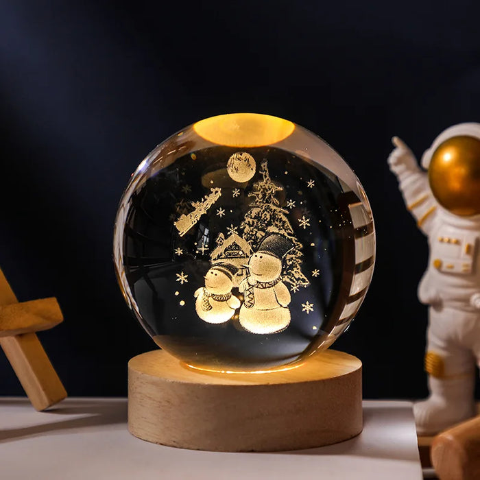 3D Crystal Solar System Night Light – Laser-Engraved Planet Globe with Wooden Base