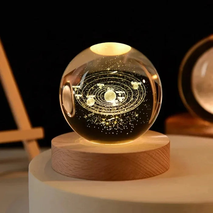 Glowing Crystal Ball Night Light – 3D Solar System LED Lamp with Wooden Base