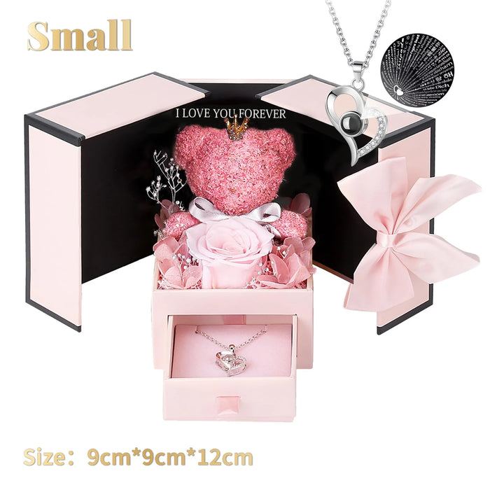 Eternal Preserved Rose Gifts – Moss Bear & Jewelry Box with “I Love You 100 Languages” Necklace - Samanta Factory