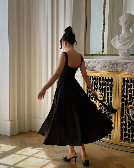 A-line Strap Long Dress – Square Neck & Backless Design - Samanta Factory