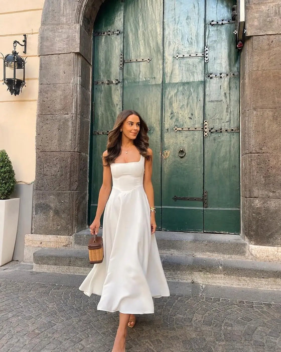 A-line Strap Long Dress – Square Neck & Backless Design - Samanta Factory