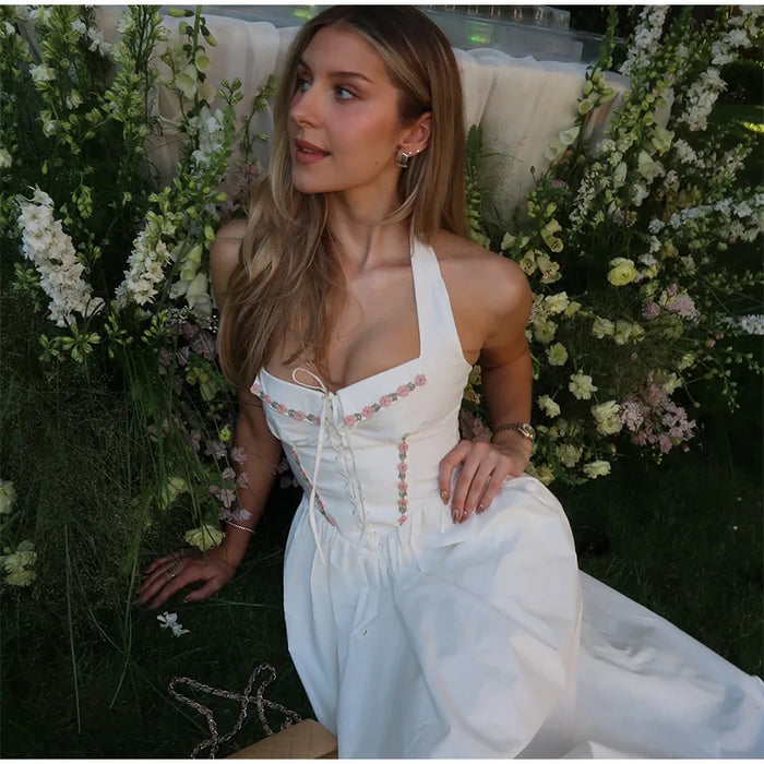 A-line Strap Long Dress – Square Neck & Backless Design - Samanta Factory