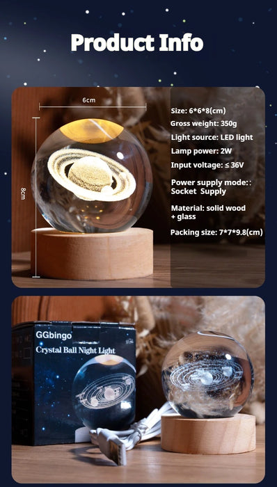 Glowing Crystal Ball Night Light – 3D Solar System LED Lamp with Wooden Base