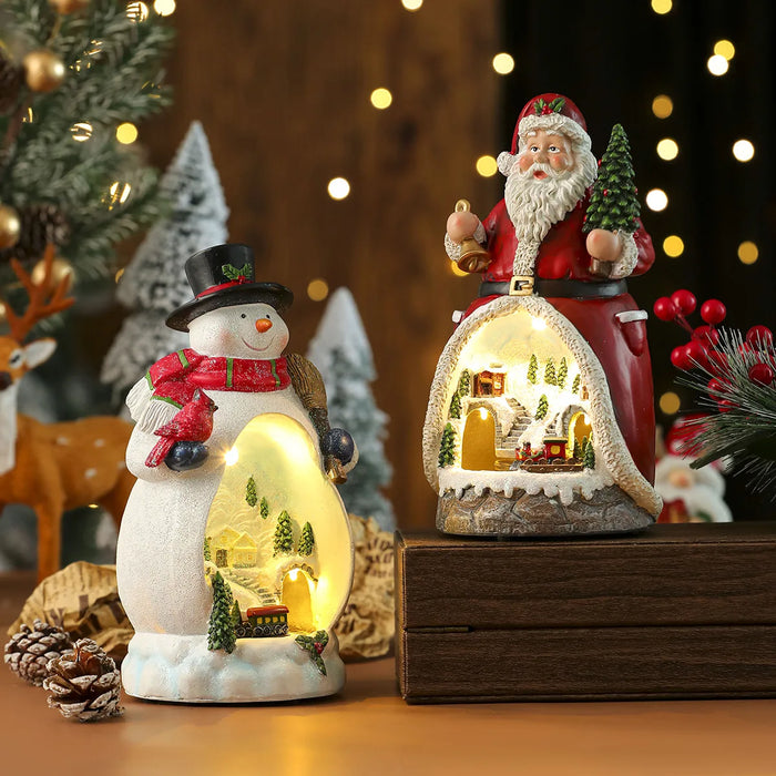 Lighted Christmas Cabin Music Box – LED Santa & Snowman Decoration with Rotating Train