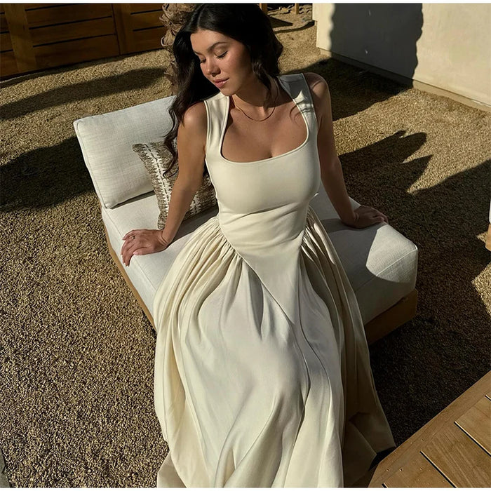 Camisole Dress – Pleated A-Line Elegance with Square Neck - Samanta Factory