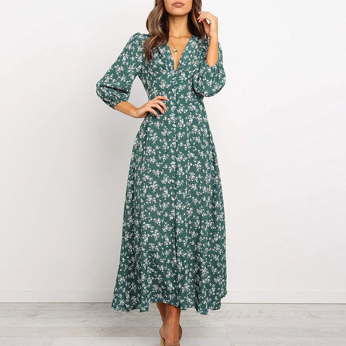 Women’s V-Neck Floral Maxi Dress – High-Waist Slit for Effortless Boho Chic - Samanta Factory