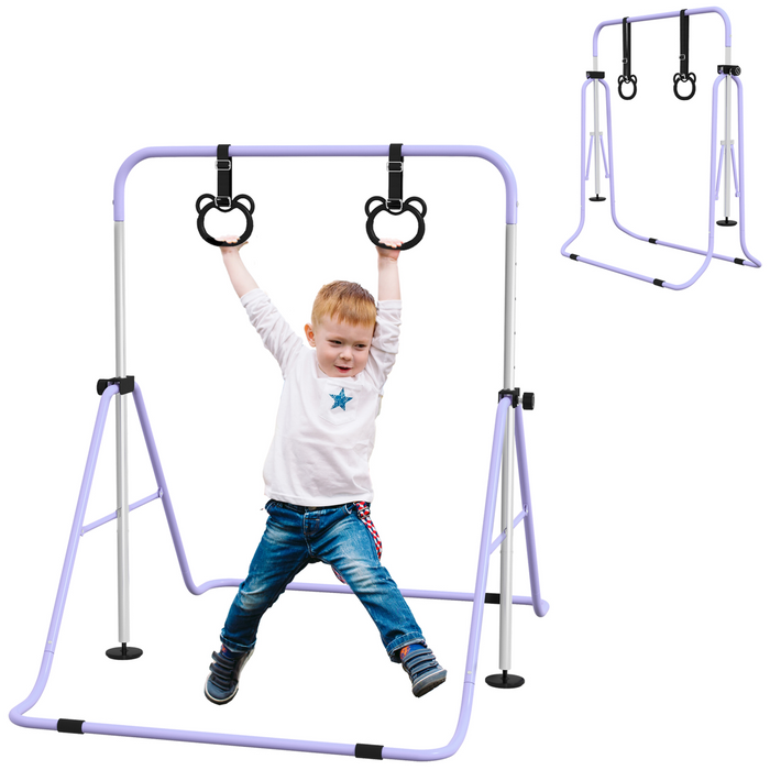Adjustable kids gymnastics bar with non-slip base, foldable frame, and rings for indoor play

