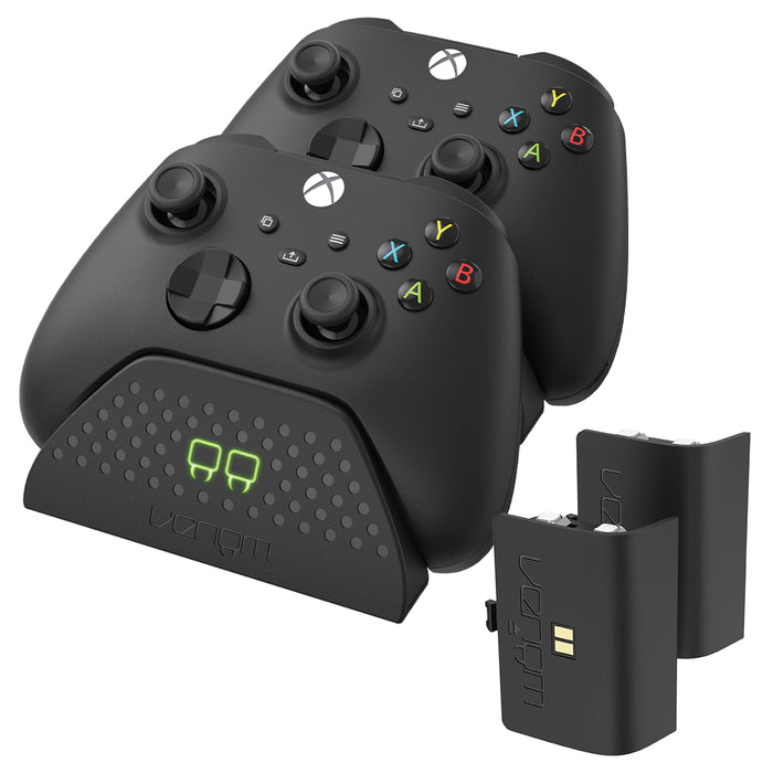 Xbox controller charging dock with dual rechargeable battery packs and LED indicators

