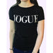 Woman wearing a black Vogue T-shirt with a relaxed fit and silky drape


