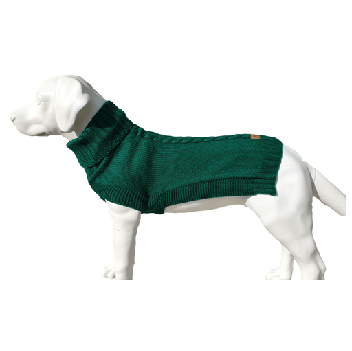Green cable knit dog jumper for long-bodied breeds like Greyhounds, Whippets, and Dachshunds.