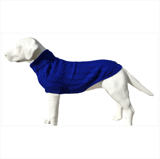 
A dog wearing a peacock blue cable knit jumper with a roll neck and leg sleeves