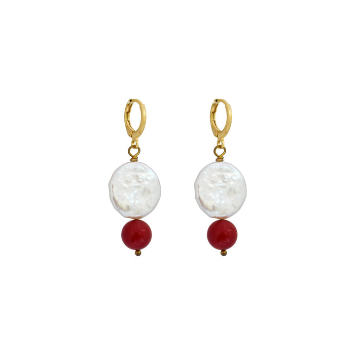 Freshwater Pearl & Coral Earrings – Gold Huggie Hoops with Red Accent - Samanta Factory
