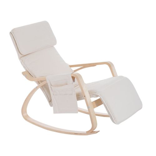 Cream White Rocking Recliner Chair with 5-Level Adjustable Footrest and Birch Frame