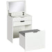 "White dressing table set with flip mirror, stool, and storage drawers – glam vanity desk"