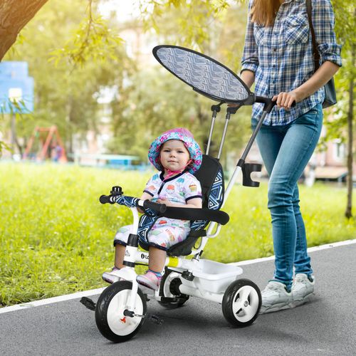 Blue 6-in-1 kids tricycle with removable push handle, foldable canopy, and safety harness – ride-on for toddlers 1 to 5 UK