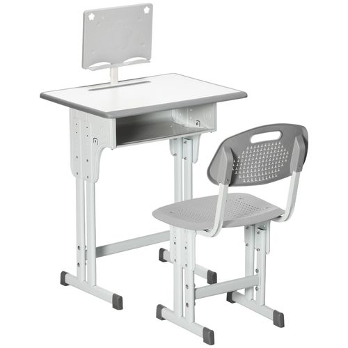 Grey height-adjustable kids study desk and chair set with book stand, drawer, and cup holder