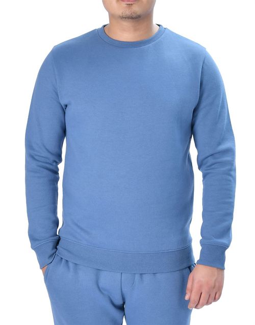 Eco-friendly men’s denim blue crew neck sweatshirt with ribbed cuffs and brushed fleece interior
