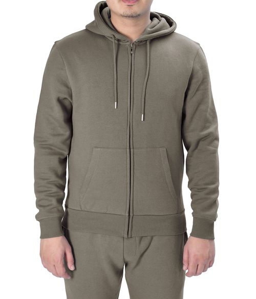 Men’s khaki zip-up hoodie with adjustable hood and front pocket made from recycled polyester blend
