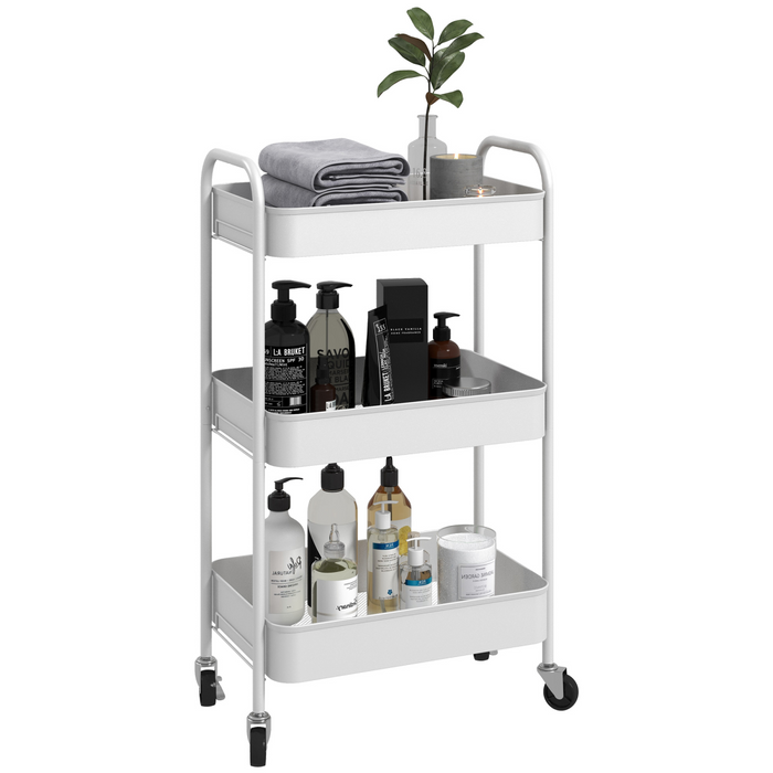 White 3-tier kitchen storage cart with steel mesh baskets and wheels for easy mobility

