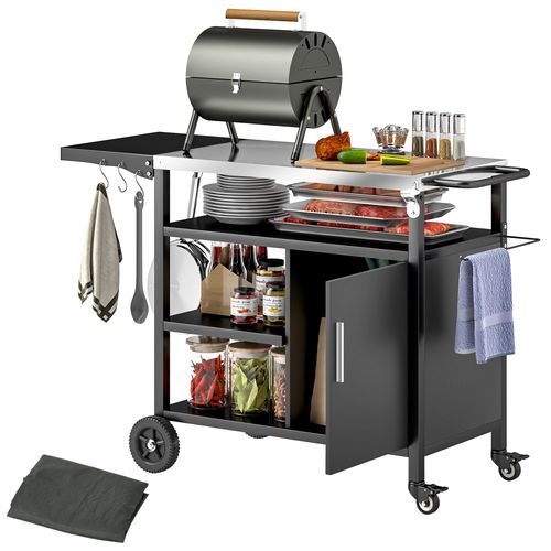 Outsunny stainless steel BBQ trolley in black with folding prep table, storage shelves, and wheels – outdoor cooking station for UK patios

