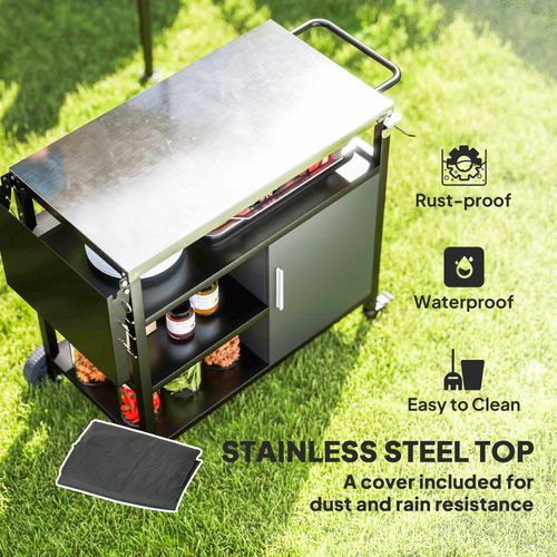 Outsunny Stainless Steel BBQ Trolley with Folding Table & Wheels - Black - Samanta Factory
