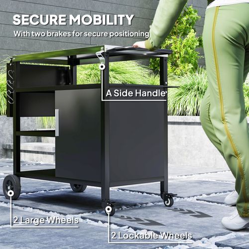Outsunny Stainless Steel BBQ Trolley with Folding Table & Wheels - Black - Samanta Factory