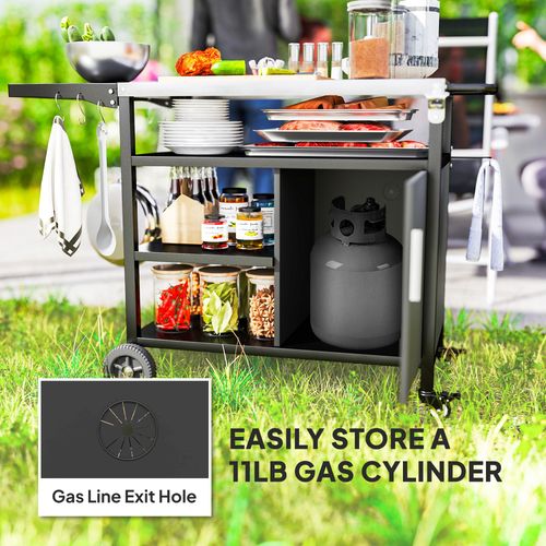 Outsunny Stainless Steel BBQ Trolley with Folding Table & Wheels - Black - Samanta Factory