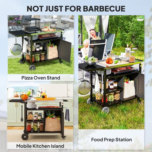 Outsunny Stainless Steel BBQ Trolley with Folding Table & Wheels - Black - Samanta Factory