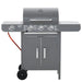 BBQ grill with side burner and warming rack, featuring cool-touch handles and removable drip tray.