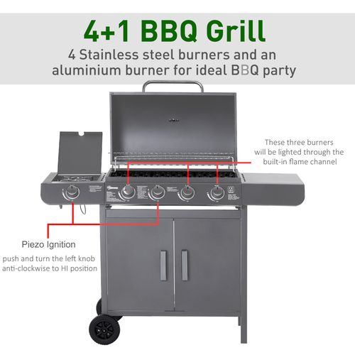 Gas BBQ Grill - 4+1 Burners with Storage & Mobility - Samanta Factory