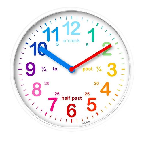 Brightly coloured 20cm kids wall clock with quartz movement featuring multicoloured numbers for time learning.

