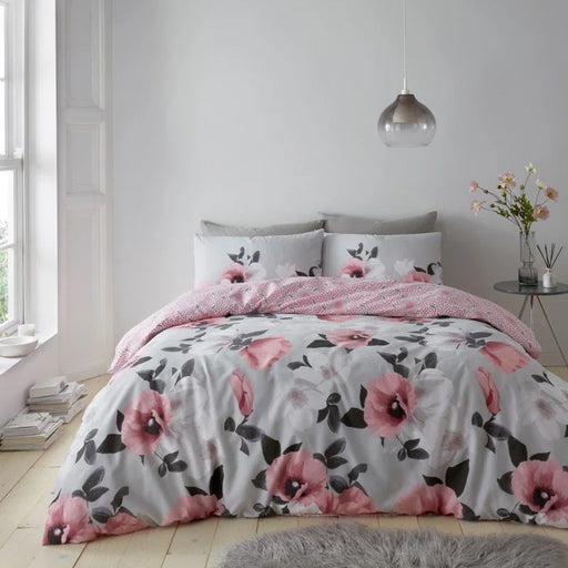 Blush pink and grey floral duvet cover set with concealed button closure, soft and comfortable bedding