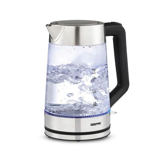 Geepas 1.7L electric glass kettle with quiet boil and auto shut-off