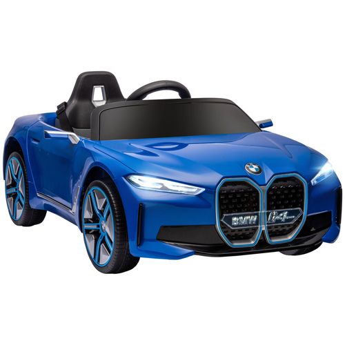 BMW i4 12V electric ride-on car in blue with remote control and music features for kids aged 3-6