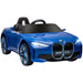 BMW i4 12V electric ride-on car in blue with remote control and music features for kids aged 3-6